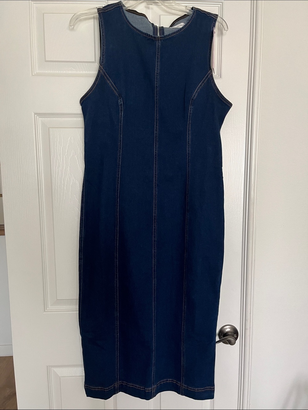 Avec Les Filles Dark Blue Denim Sleeveless Sheath Dress